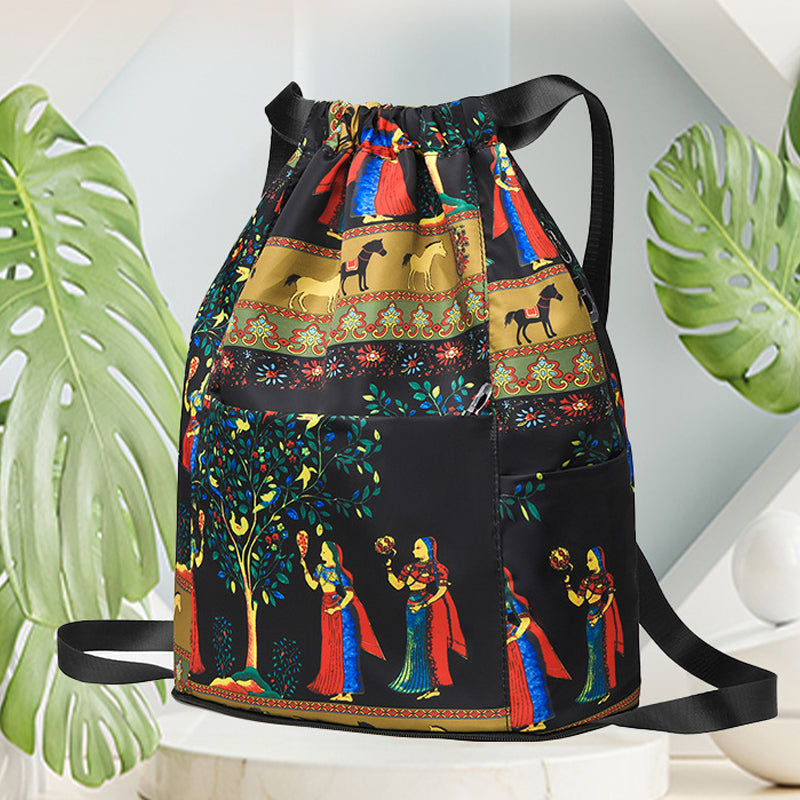 "Kvinnors hopfällbar dragsnöre sportryggsäck, stor kapacitet, elefantmönster, vattenavvisande nylon, justerbara remmar."
