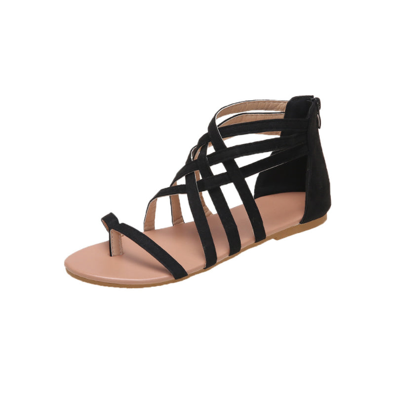 "Kvinnors platta sandaler med dragkedja, korsband och PU-material för sommar. Perfekt för en stilfull och bekväm look."