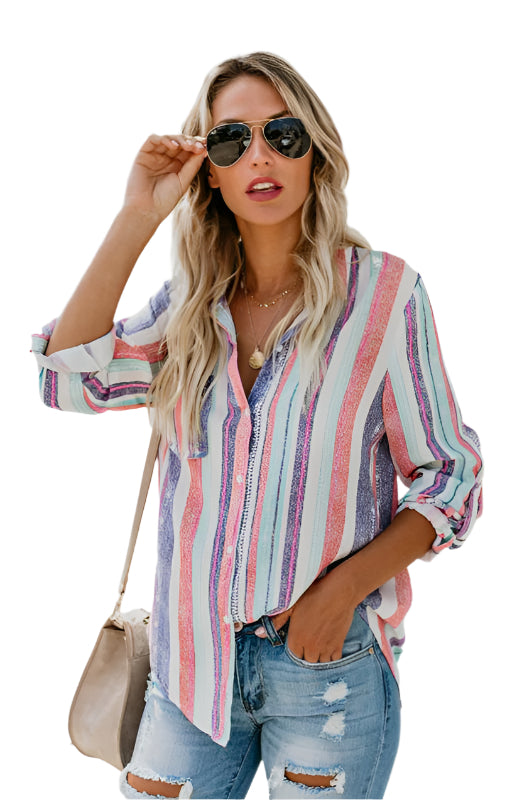 Kvinnors randig button-up topp med vändkrage i bomull, sommarstil