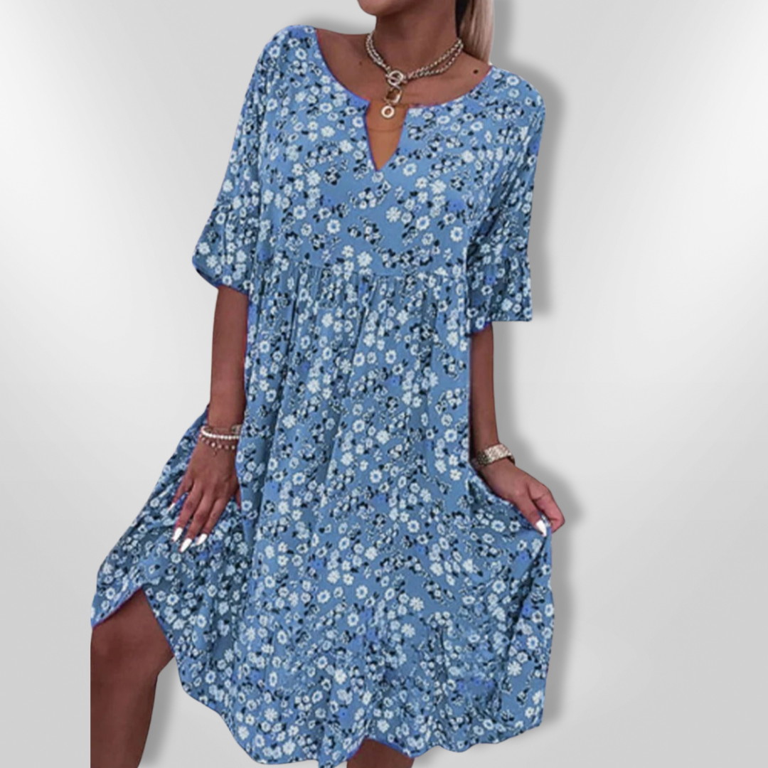 "Kvinnors sommarklänning i blommönster, lätt material, S-XL. Perfekt för varma dagar."