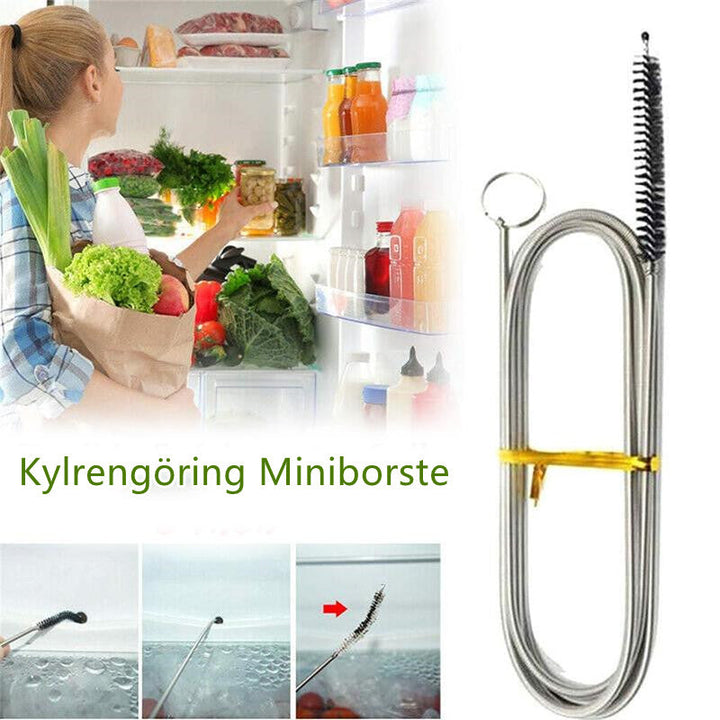 "Kylrengöring miniborste med flexibelt grepp, svart och transparent, smidig för djuprengöring av kylskåp och avlopp."