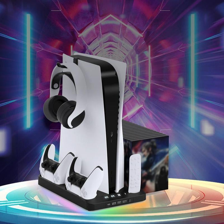 "Laddningsstation kylstativ för PS5 kontroller med RGB-belysning, svart och vit design, plats för 16 spel."