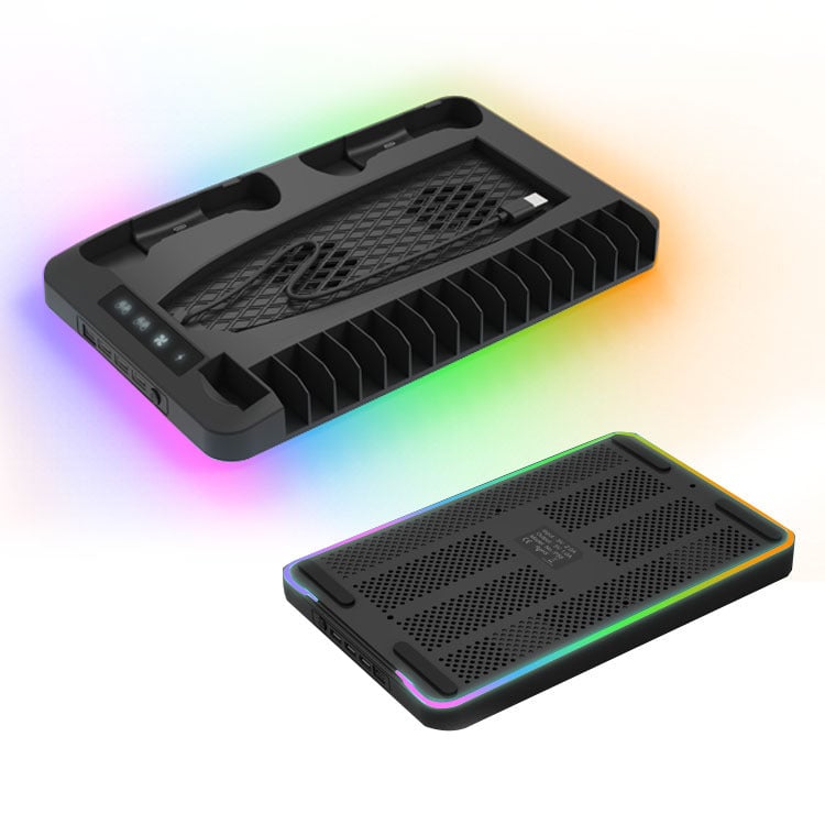 "Laddningsstation kylstativ för PS5 kontroller med RGB-belysning, svart och vit design, plats för 16 spel."