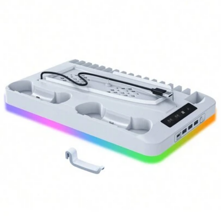 "Laddningsstation kylstativ för PS5 kontroller med RGB-belysning, svart och vit design, plats för 16 spel."