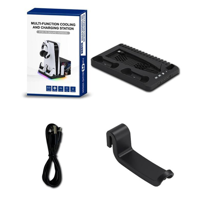 "Laddningsstation kylstativ för PS5 kontroller med RGB-belysning, svart och vit design, plats för 16 spel."