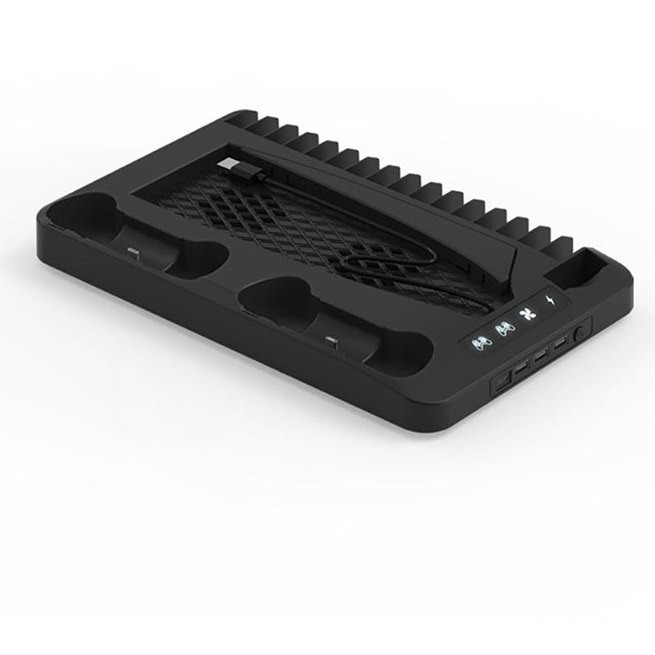 "Laddningsstation kylstativ för PS5 kontroller med RGB-belysning, svart och vit design, plats för 16 spel."