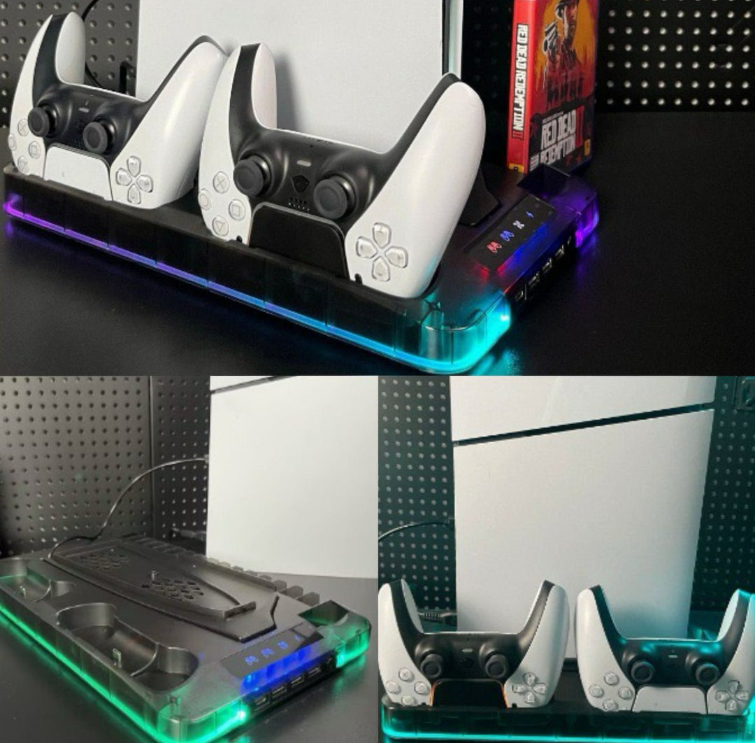"Laddningsstation kylstativ för PS5 kontroller med RGB-belysning, svart och vit design, plats för 16 spel."