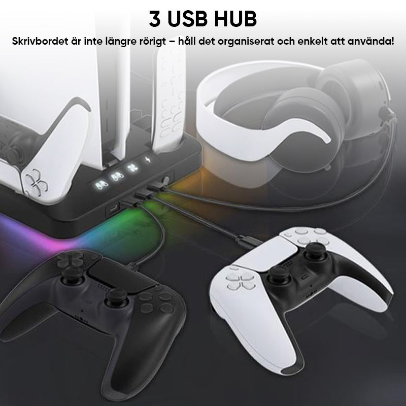 "Laddningsstation kylstativ för PS5 kontroller med RGB-belysning, svart och vit design, plats för 16 spel."