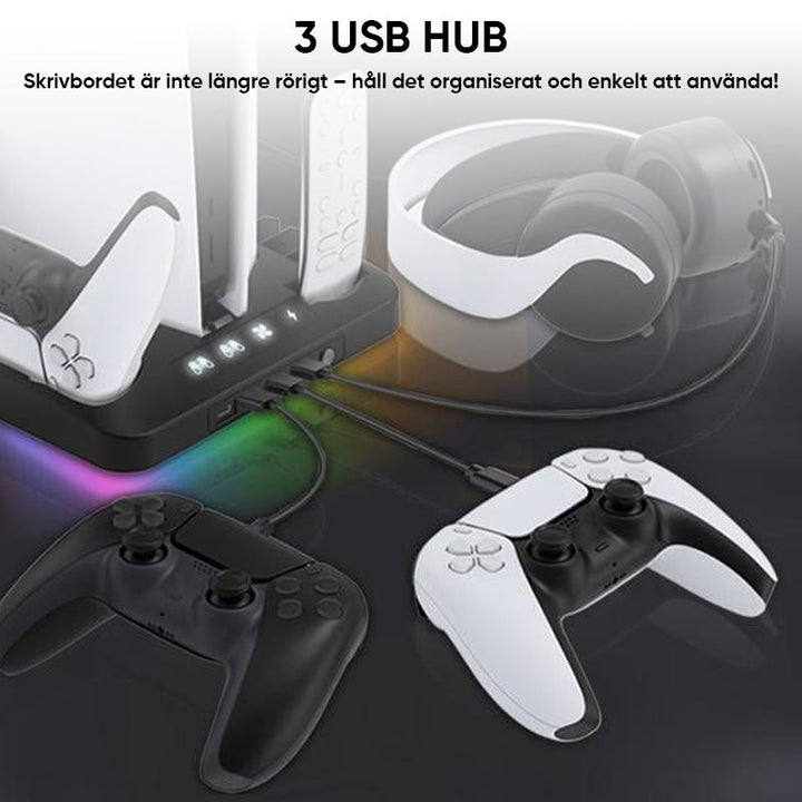 "Laddningsstation kylstativ för PS5 kontroller med RGB-belysning, svart och vit design, plats för 16 spel."