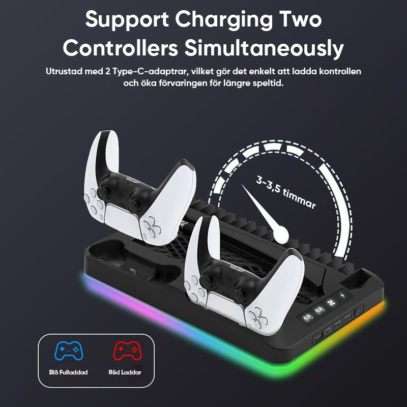 "Laddningsstation kylstativ för PS5 kontroller med RGB-belysning, svart och vit design, plats för 16 spel."