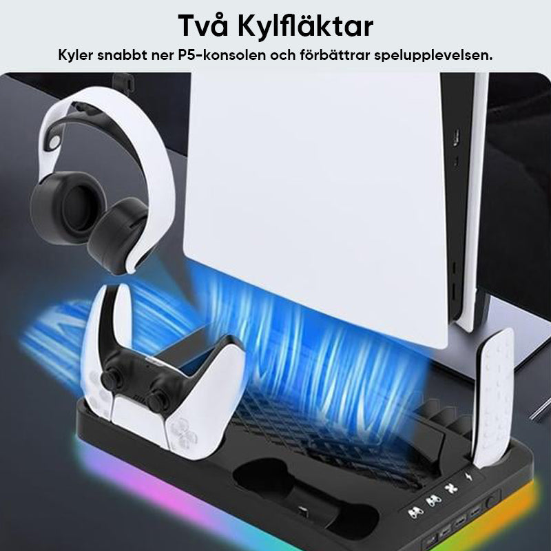 "Laddningsstation kylstativ för PS5 kontroller med RGB-belysning, svart och vit design, plats för 16 spel."