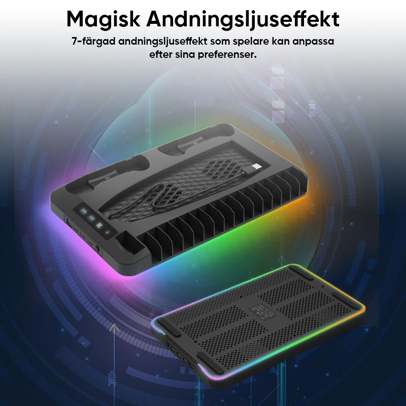 "Laddningsstation kylstativ för PS5 kontroller med RGB-belysning, svart och vit design, plats för 16 spel."