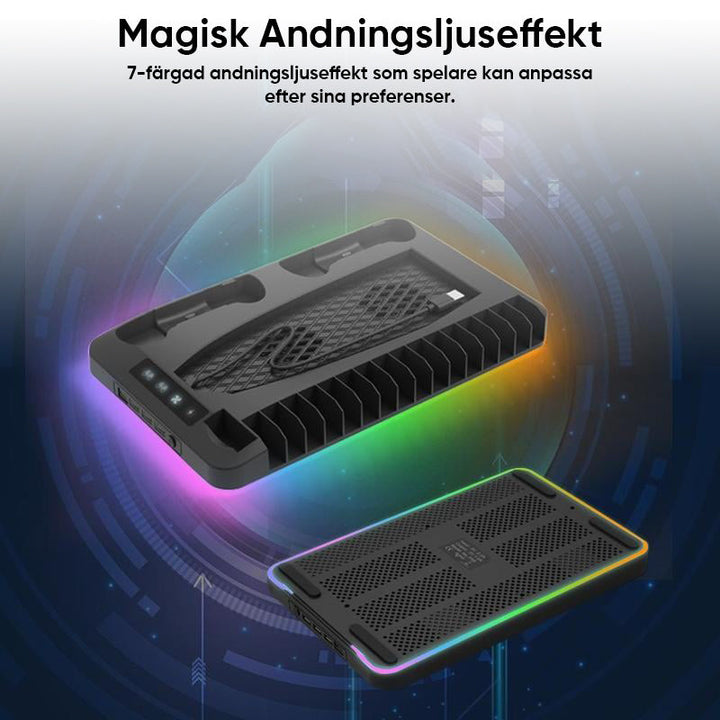 "Laddningsstation kylstativ för PS5 kontroller med RGB-belysning, svart och vit design, plats för 16 spel."