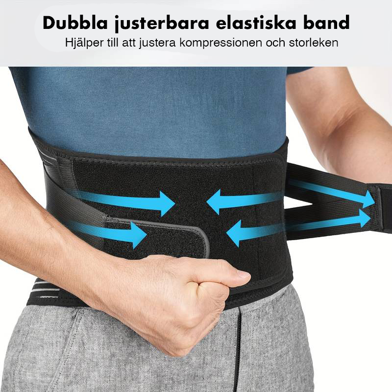 "Ländryggsstöd med antisladdteknik, svart bälte för män och kvinnor, ergonomisk design för komfort och stöd."