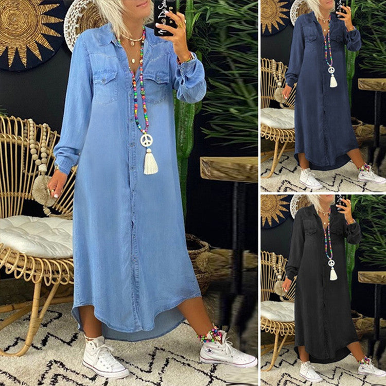 Lång jeanskjol med kortärmad skjortkrage i flera färger. Modern design, finns i storlekar S till 5XL för perfekt passform.