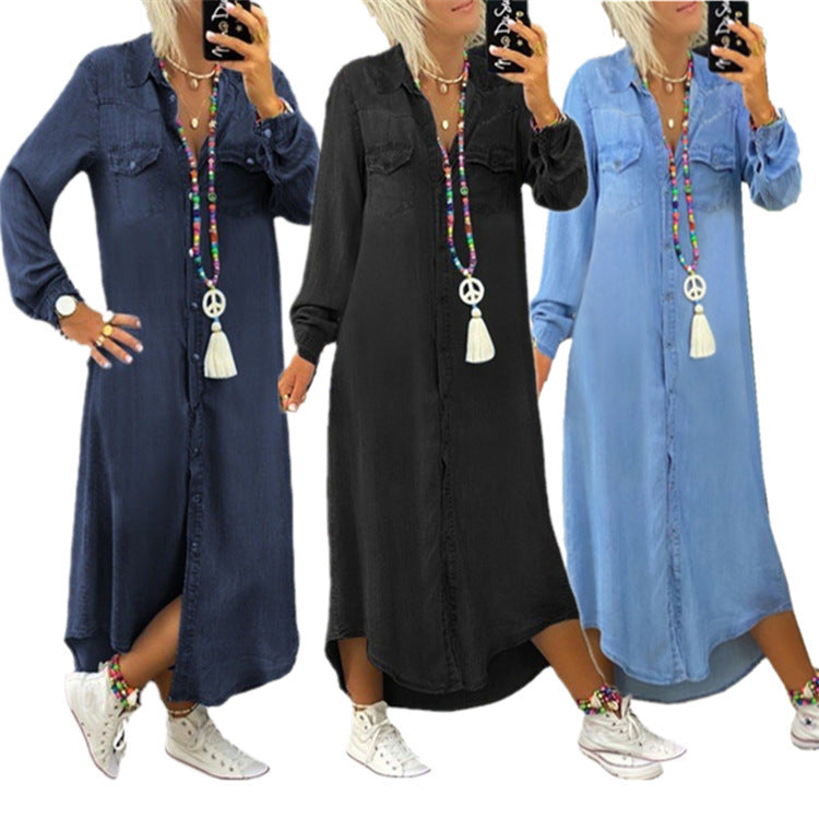 Lång jeanskjol med kortärmad skjortkrage i flera färger. Modern design, finns i storlekar S till 5XL för perfekt passform.
