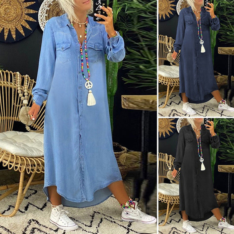 Långärmad denimklänning för kvinnor med klassisk design och feminin silhuett, perfekt för både formella och vardagliga tillfä