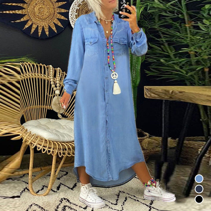 Långärmad denimklänning för kvinnor med klassisk design och feminin silhuett, perfekt för både formella och vardagliga tillfä