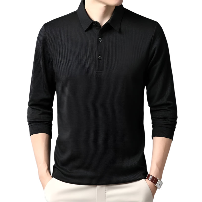 "Långärmad pikétröja för män med strukturerad krage, andningsbart material, stilren business casual-look."