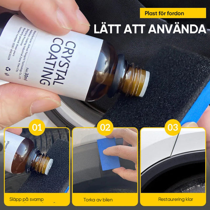 "Långverkande plastytmedel för bilskydd, blå flaska på reflekterande yta, 30ml. För interiör och exteriör användning."