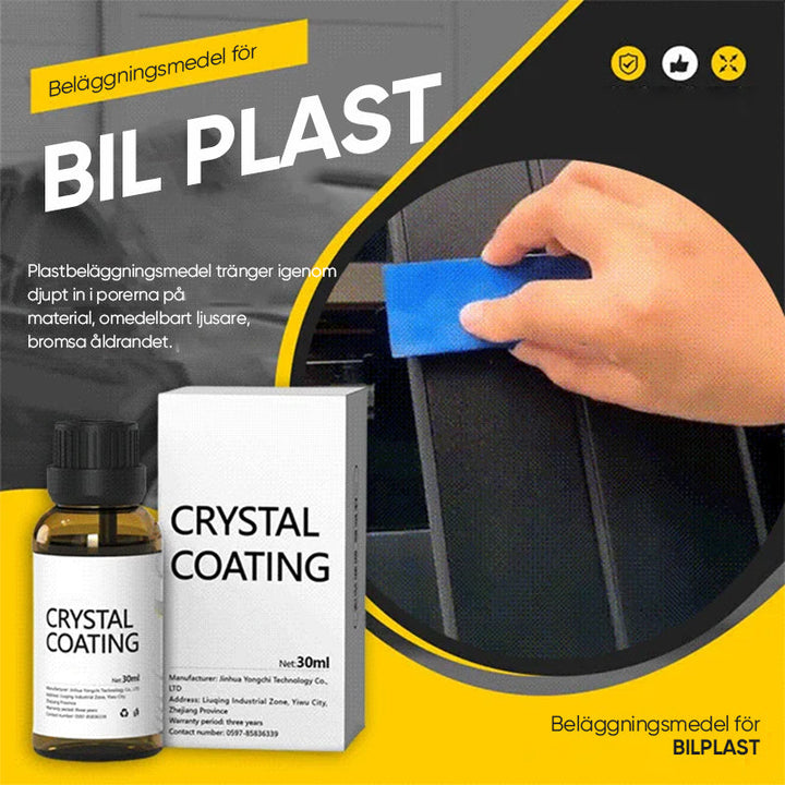 "Långverkande plastytmedel för bilskydd, blå flaska på reflekterande yta, 30ml. För interiör och exteriör användning."