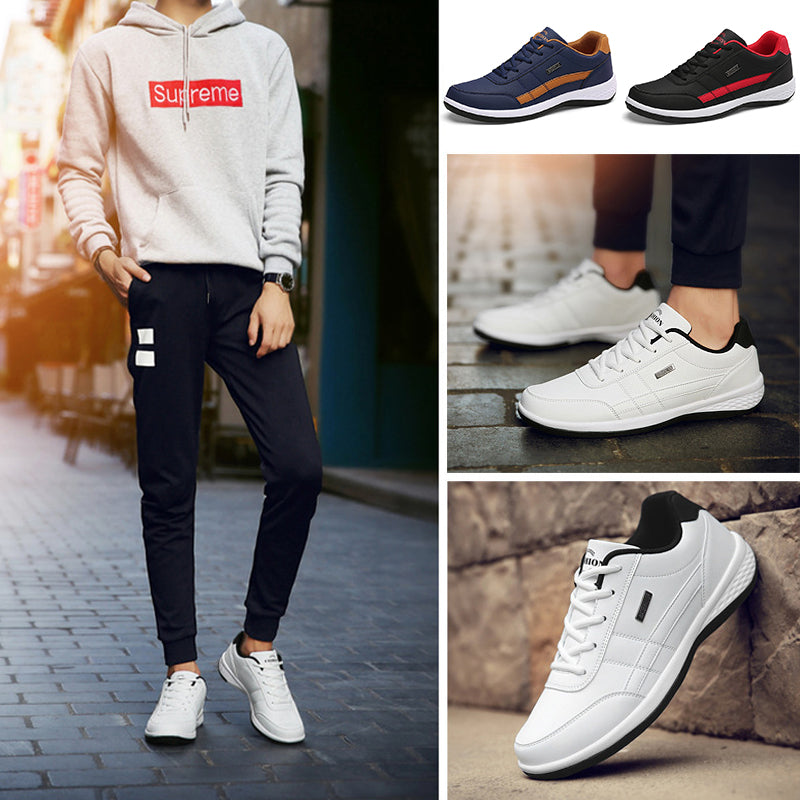 "Lätta herrsneakers i svart, brun och grå, med rund tå och snörningsfri design för komfort och stil."