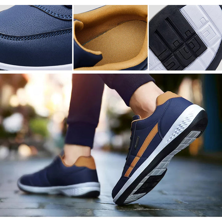 "Lätta herrsneakers i svart, brun och grå, med rund tå och snörningsfri design för komfort och stil."