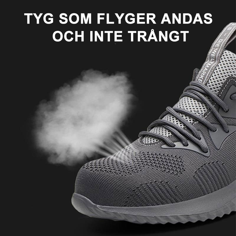 "Lätta och slitstarka skyddsskor för män och kvinnor, med svart nätmaterial och starka halksäkra sulor."