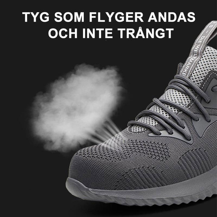 "Lätta och slitstarka skyddsskor för män och kvinnor, med svart nätmaterial och starka halksäkra sulor."