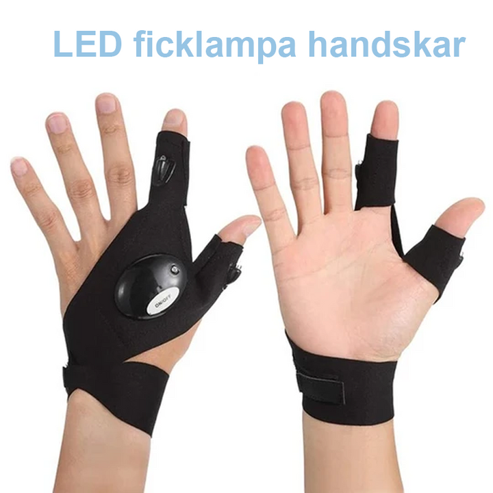 "LED-handskar med vattentäta lampor, svarta, bekväma, bomull och neopren, perfekt för nattliga utomhusaktiviteter."