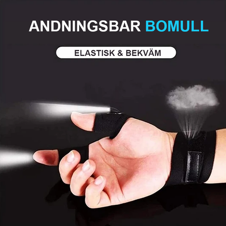 "LED-handskar med vattentäta lampor, svarta, bekväma, bomull och neopren, perfekt för nattliga utomhusaktiviteter."