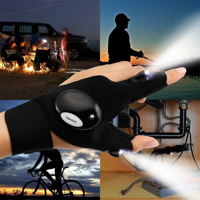 "LED-handskar med vattentäta lampor, svarta, bekväma, bomull och neopren, perfekt för nattliga utomhusaktiviteter."