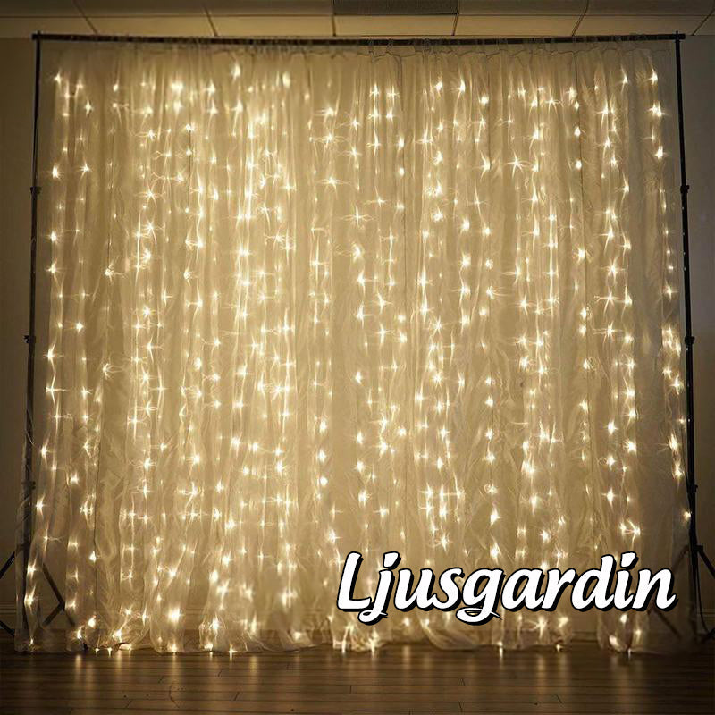 "LED ljusgardin med varmvit glöd, inomhus och utomhus användning, IP44 vattentät, flera ljuslägen, stilren dekoration"