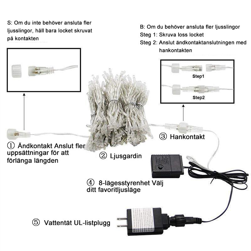 "LED ljusgardin med varmvit glöd, inomhus och utomhus användning, IP44 vattentät, flera ljuslägen, stilren dekoration"