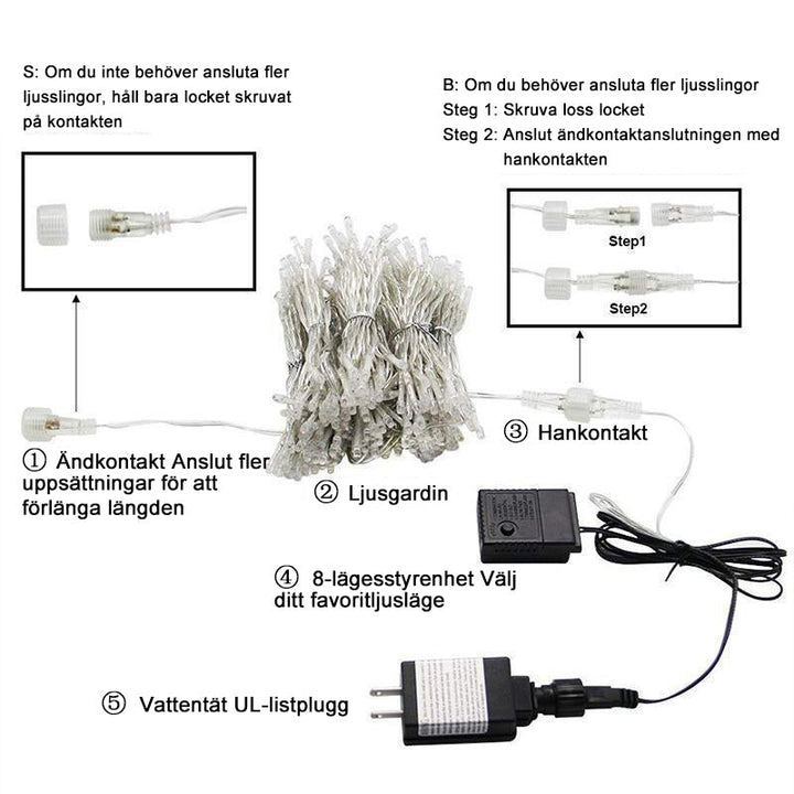 "LED ljusgardin med varmvit glöd, inomhus och utomhus användning, IP44 vattentät, flera ljuslägen, stilren dekoration"