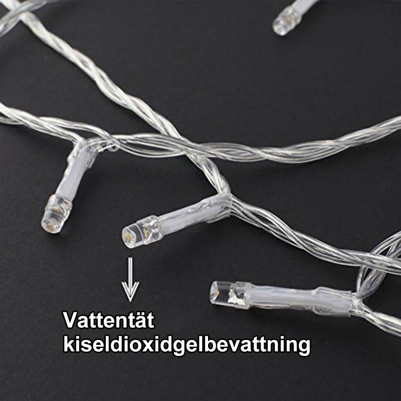 "LED ljusgardin med varmvit glöd, inomhus och utomhus användning, IP44 vattentät, flera ljuslägen, stilren dekoration"