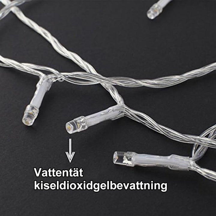 "LED ljusgardin med varmvit glöd, inomhus och utomhus användning, IP44 vattentät, flera ljuslägen, stilren dekoration"