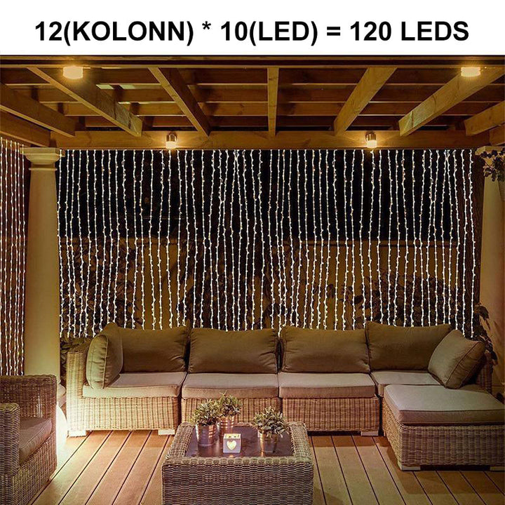 "LED ljusgardin med varmvit glöd, inomhus och utomhus användning, IP44 vattentät, flera ljuslägen, stilren dekoration"