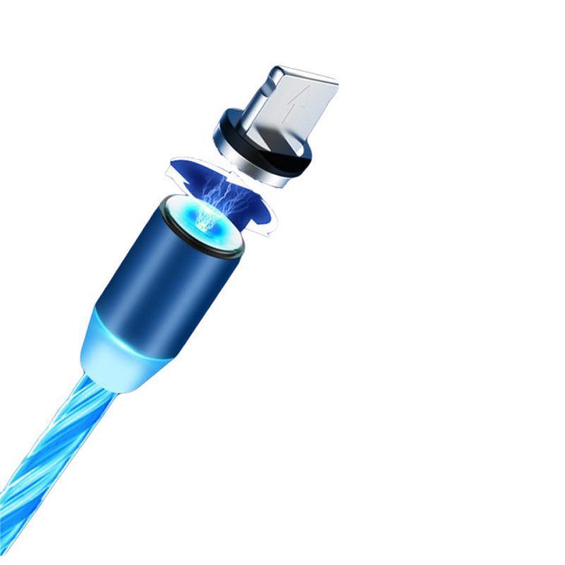 "LED-magnetisk 3-i-1 USB-laddningskabel med blå flödande LED-lampor och superstarka magneter för nattladdning."