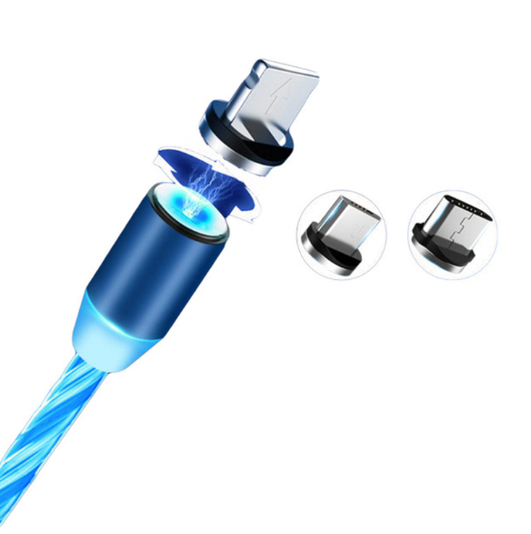 "LED-magnetisk 3-i-1 USB-laddningskabel med blå flödande LED-lampor och superstarka magneter för nattladdning."
