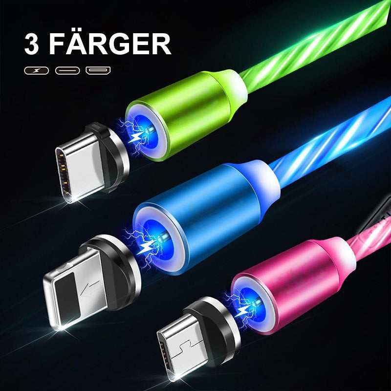 "LED-magnetisk 3-i-1 USB-laddningskabel med blå flödande LED-lampor och superstarka magneter för nattladdning."