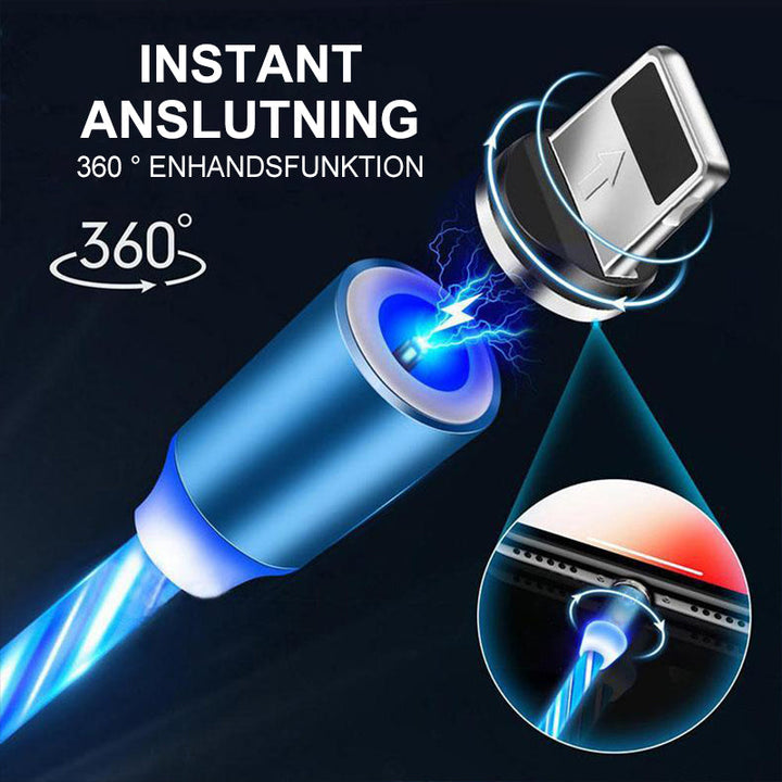 "LED-magnetisk 3-i-1 USB-laddningskabel med blå flödande LED-lampor och superstarka magneter för nattladdning."
