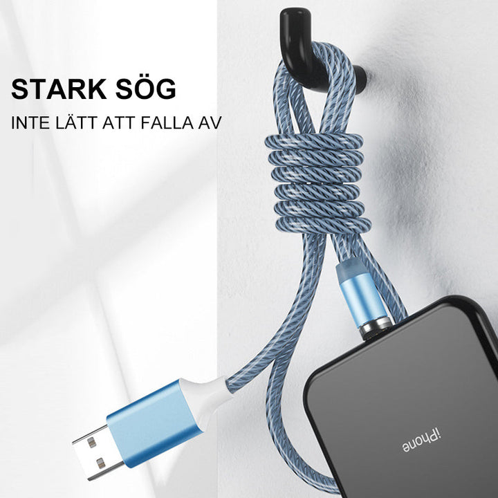 "LED-magnetisk 3-i-1 USB-laddningskabel med blå flödande LED-lampor och superstarka magneter för nattladdning."