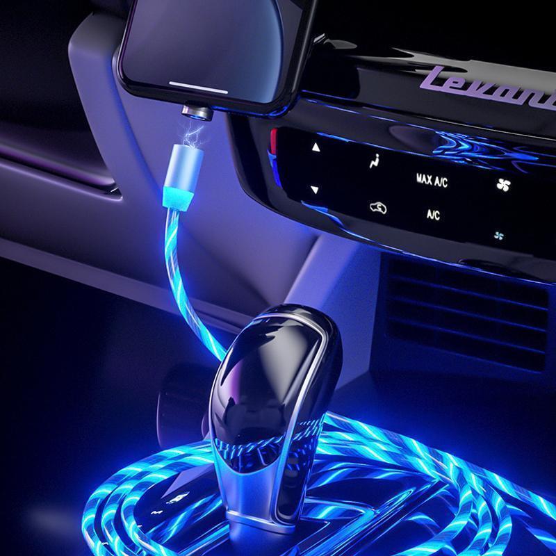 "LED-magnetisk 3-i-1 USB-laddningskabel med blå flödande LED-lampor och superstarka magneter för nattladdning."