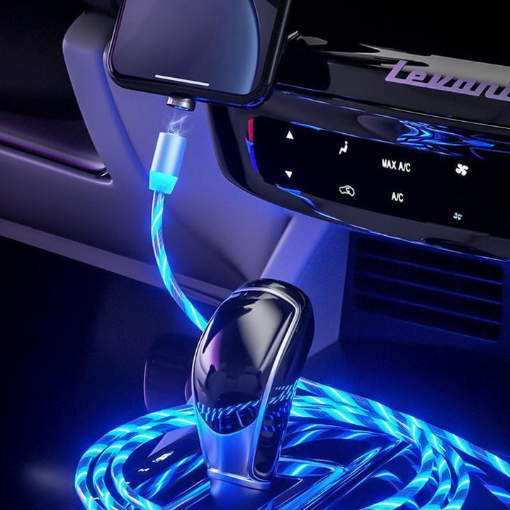 "LED-magnetisk 3-i-1 USB-laddningskabel med blå flödande LED-lampor och superstarka magneter för nattladdning."