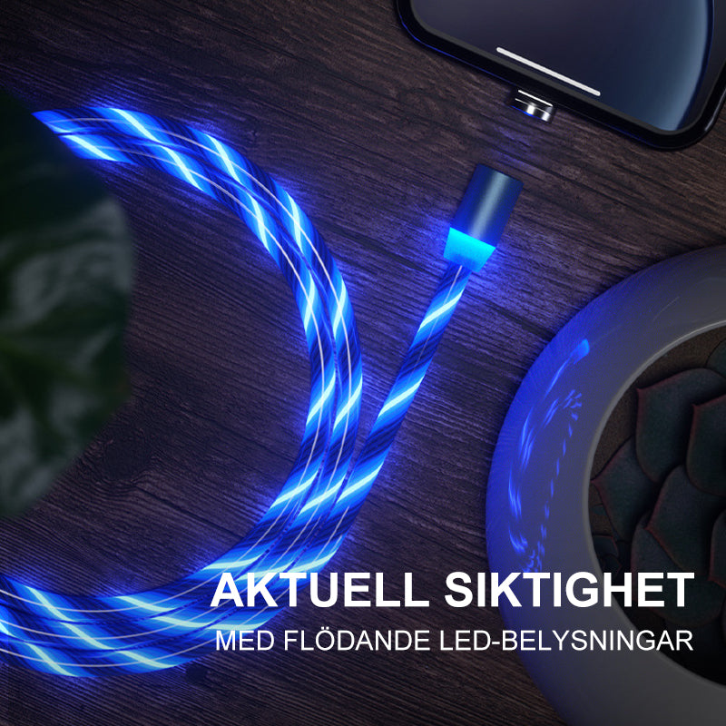 "LED-magnetisk 3-i-1 USB-laddningskabel med blå flödande LED-lampor och superstarka magneter för nattladdning."
