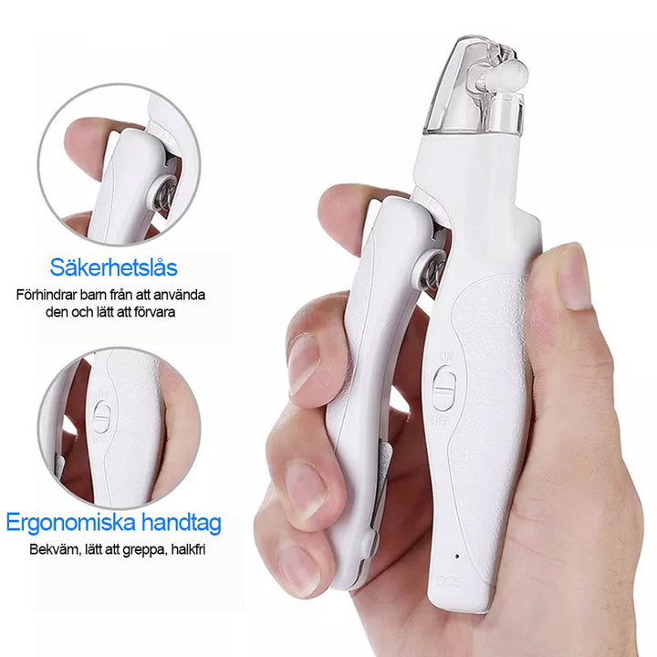"LED nagelklippare för husdjur med ergonomiskt handtag, LED-ljus för säker klippning, blå och vit färg."