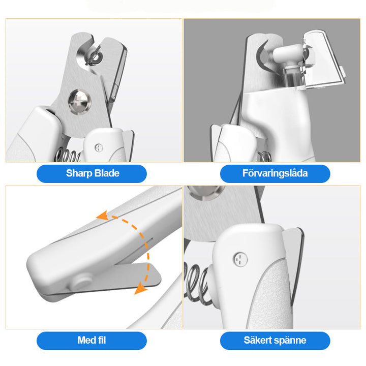 "LED nagelklippare för husdjur med ergonomiskt handtag, LED-ljus för säker klippning, blå och vit färg."