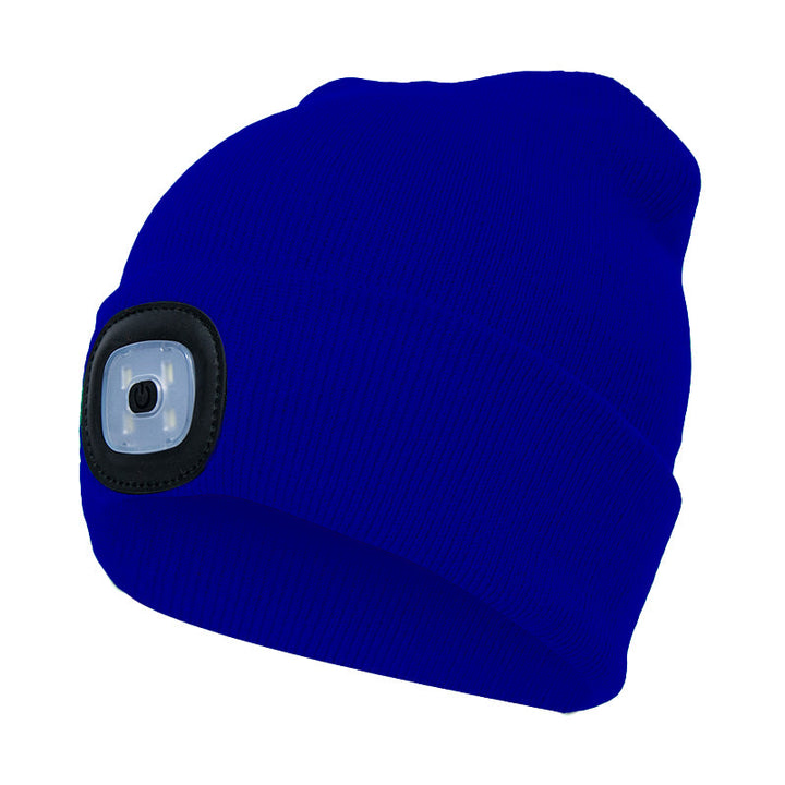 "LED stickad vintermössa för utomhusaktiviteter, grå akryl, med inbyggd lampa för säkerhet i mörker, accessoarbild."