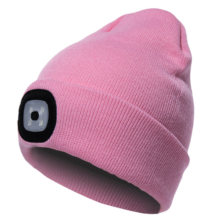 "LED stickad vintermössa för utomhusaktiviteter, grå akryl, med inbyggd lampa för säkerhet i mörker, accessoarbild."